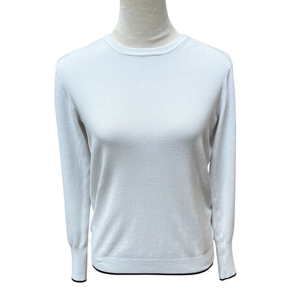 Zara Knit White and Navy Sweater Crew Neck Women’s Size Large Gold Buttons - Picture 1 of 8